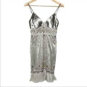 Sue Wong metallic satin beaded embroidered pleated ostrich feathers dress 2 b19